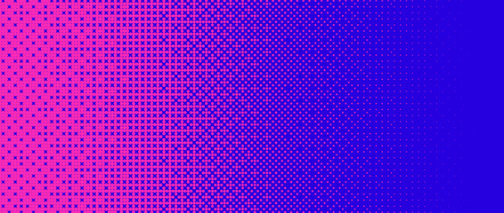 Pixelated bitmap gradient texture. Blue and pink dither pattern background. Abstract glitchy pattern. 8 bit video game screen wallpaper. Wide pixel art retro illustration. Vector backdrop - obrazy, fototapety, plakaty