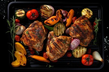 Generative AI : Top view of grilled chicken thigh with various vegetables on pan on the flaming grill on black background - obrazy, fototapety, plakaty
