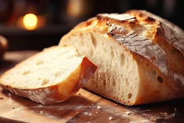 Gordijnen Generative AI : Fresh homebaked artisan sourdough bread. Texture of sliced loaf of bread close up, banner. © The Little Hut
