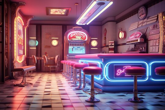 Generative AI : Retro diner interior with tile floor, jukebox, neon illumination, vintage arcade machine and bar stools. With words "Neon City" on the sign. 3d illustration.