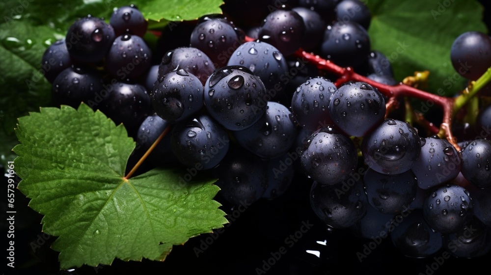 Poster generative ai : close-up of berries of dark bunch of grape with water drops. sot focus