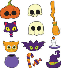 Happy Halloween set of elements, ghost, pumpkin, bat and cat. Vector is cute illustration in hand drawn style