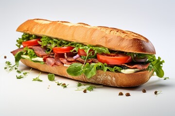 Generative AI : fresh sandwich close up with vegetables and meat fish isolated on white background - Powered by Adobe