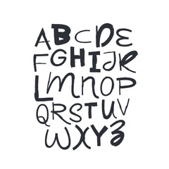Black uppercase letters drawn by hand. Lettering. Modern funny children's playful font. Latin alphabet.