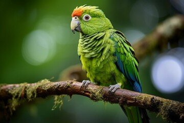 Generative AI : green arcari perched on branch in Amazon close up