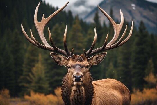 Generative AI : Bull elk closeup with large antlers - Powered by Adobe