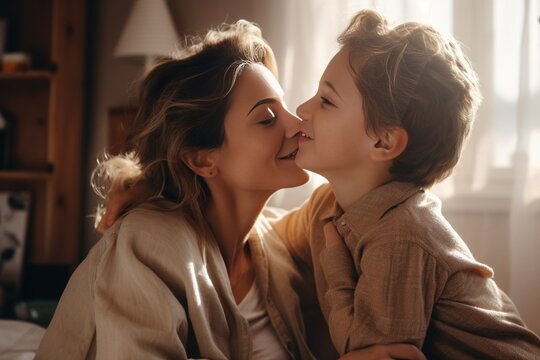 Generative AI : Son is kissing his mother. Mom and son. Happy mother's day! Mother hugging her child. Shot of an adorable little boy affectionately kissing his mother at home