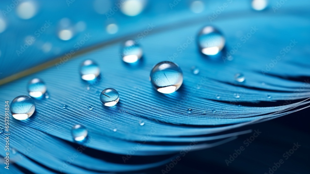 Aufkleber Generative AI : Beautiful symbolic macro image of fragility and purity nature in form of perfect round water droplets on feather in blue colors.