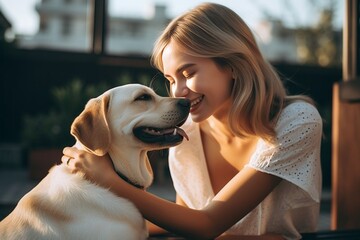 Generative AI : Close-up portrait of pleased girl with short brown hair embracing funny beagle dog with eyes closed. Smiling young woman in white shirt enjoying good day and posing with pet on terrace