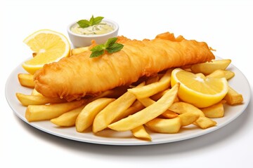 Generative AI : Traditional British fish and chips isolated on white background