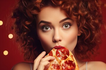 Generative AI : Beautiful close-up portrait of young woman eating pizza. Healthy and junk food...