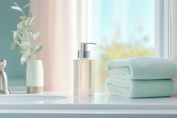 Generative AI : Soap dispenser and spa towel on pastel bathroom window interior - obrazy, fototapety, plakaty