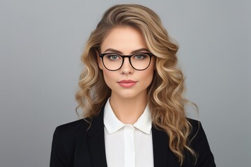 Generative AI : close-up portrait of beautiful modern businesswoman in glasses holding paper folder on white background