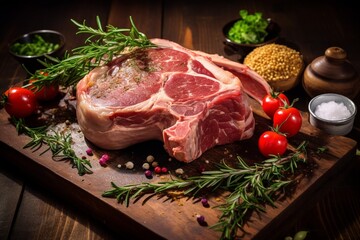 Generative AI : Close up Fresh Pork Meat with Herbs, Spices and Veggies on Top of a Wooden Rustic Table, Captured in High Angle.