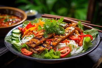 Generative AI : Close up on traditional Vietnamese salad with eel meat & vegetables.Spicy exotic dish from Vietnam.Enjoy natural fresh ingredients.Gourmet diet food - obrazy, fototapety, plakaty