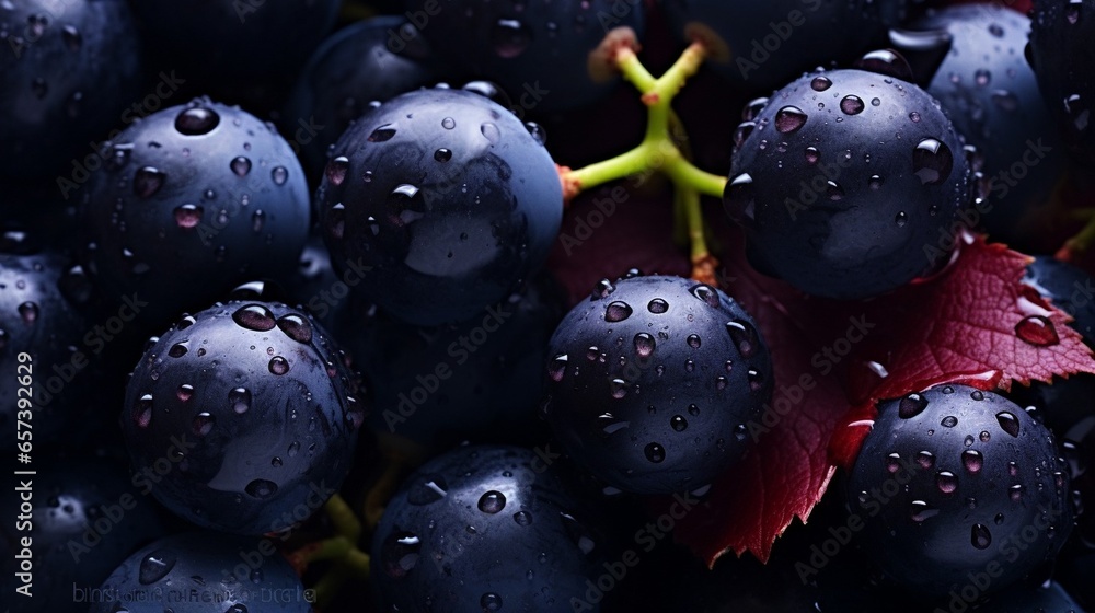 Poster generative ai : close-up of berries of dark bunch of grape with water drops. sot focus