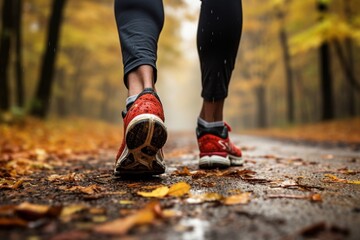 Generative AI : Close up of feet of a runner running in autumn leaves training exercise