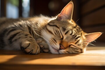 Generative AI : close up brown cat sleeping on table wood