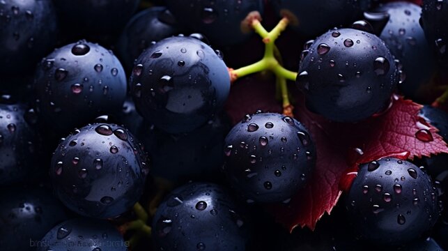 Generative AI : Close-up of berries of dark bunch of grape with water drops. Sot focus
