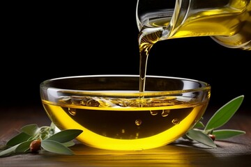 Generative AI : Bottle pouring virgin olive oil in a bowl close up