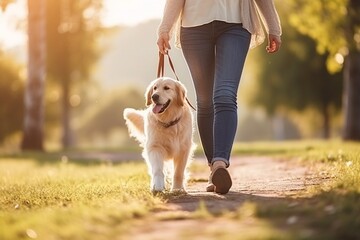Generative AI : Owner walking with dog together in park outdoors, summer vacation, Adorable domestic pet concept, Friendship between human and their pet - obrazy, fototapety, plakaty