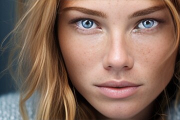 Fototapeta premium Generative AI : Freckles blonde woman portrait. close-up, blue eyed girl, perfect skin
