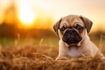Generative AI : Close-up of a pug puppy with a wrinkled and funny face sitting against a blurry background in the countryside.