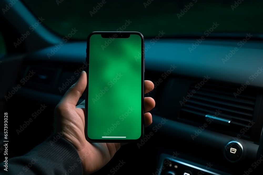 Poster Generative AI : Man hand using chromakey mobile phone with empty green screen in modern electric car. Mockup touchscreen. internet searching.