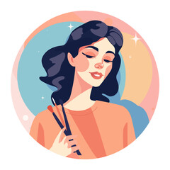 Vector illustration of charming beautiful young girl holding makeup brushes in hand. Woman doing makeup concept art. Fashion and beauty industry. For logo, poster, highlights, banner. Circle shape.