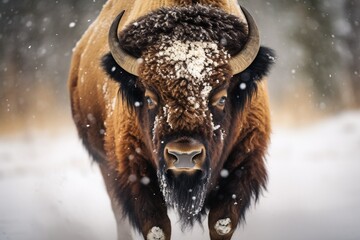 Generative AI : Wild bison cow in a snowy field at the Rocky Mountain Arsenal National Wildlife Refuge in Colorado - obrazy, fototapety, plakaty