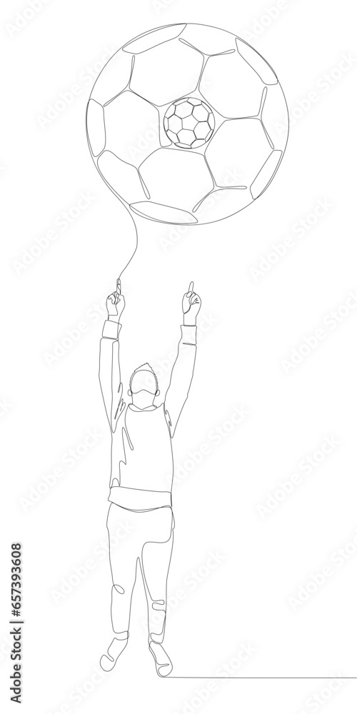 Poster one continuous line of man pointing with finger at football ball. thin line illustration vector conc