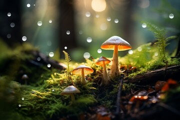 Fototapeta premium Generative AI : close-up, a magical world unfolds with lush moss and enchanting mushrooms on delicate stalks, bathed in soft warm light