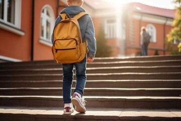 Generative AI : Little student with a backpack on the steps of the stairs of school building. Close-up of child legs, hands and schoolbag of boy standing on staircase of schoolhouse. Kids back to scho - obrazy, fototapety, plakaty