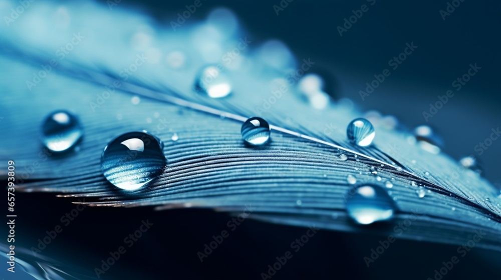 Fototapete Generative AI : Beautiful symbolic macro image of fragility and purity nature in form of perfect round water droplets on feather in blue colors.