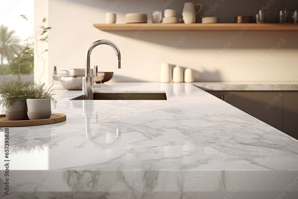 Poster generative ai : close-up marble granite kitchen counter island for product display on modern bright 