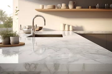 Fotobehang Generative AI : Close-up Marble granite kitchen counter island for product display on modern bright and clean kitchen space. 3d rendering, 3d illustration © The Little Hut