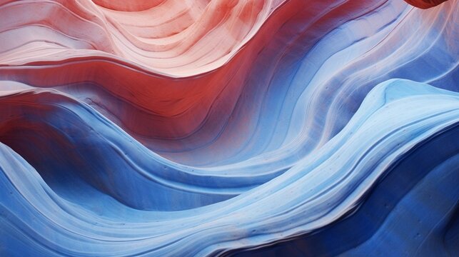 Generative AI : Multicolour rock surface details in blue and red colors. Shaped rock full of curves, layers and smooth cuts by the wind erosion, sea water and sand. Organic texture for background. Bea