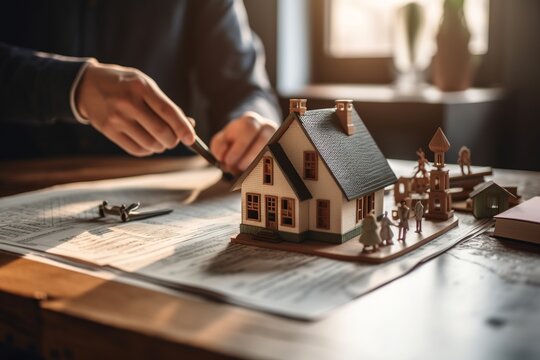 real estate house contract signing, paperwork and miniature house model on a desk, architect or agent selling a house with papers on the table, buying property concept idea