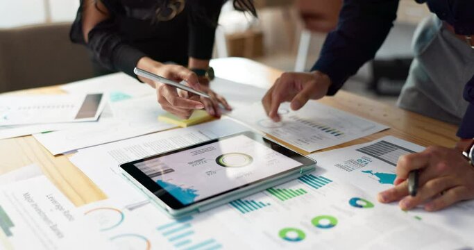 Business people, data analysis with tablet and documents, hands with online review in meeting and team with market research. Statistics, analytics dashboard and digital infographic with collaboration