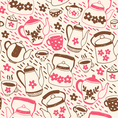 Seamless vector pattern with teapots and cups. Cute pattern for paper, wrapping, textile, design. Hand drawn doodle tea party items. Pink and brown sketches on white background.