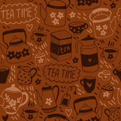 Seamless vector pattern with teapots, tea cups. Print for wrapping, paper, textile, design for coffee and tea shop. Brown background.