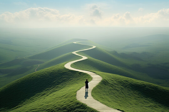 A child on a winding path to the top of the hill