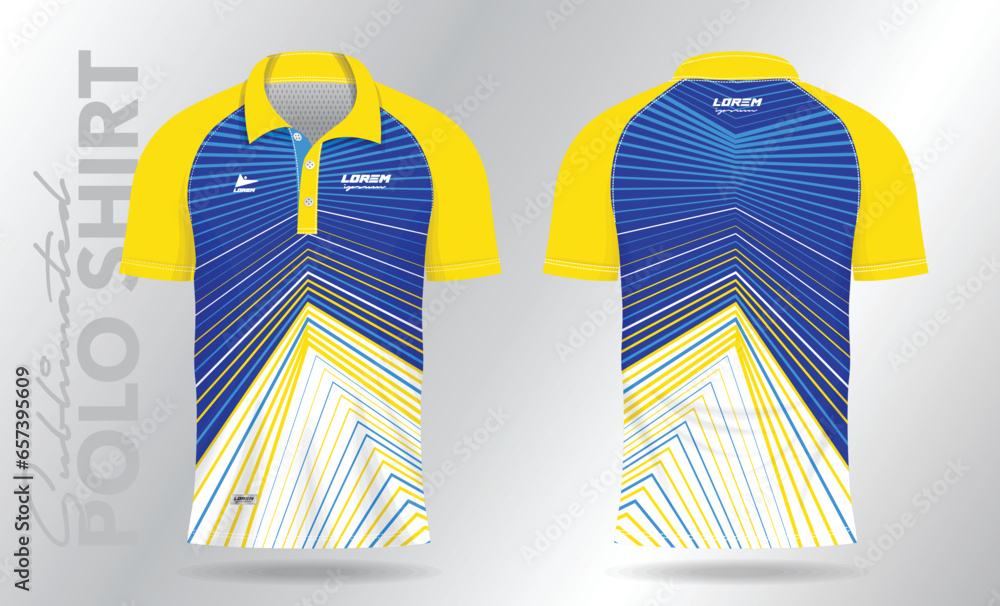 Sticker blue and yellow polo mockup Shirt template design for badminton jersey, tennis, soccer, football or sport uniform