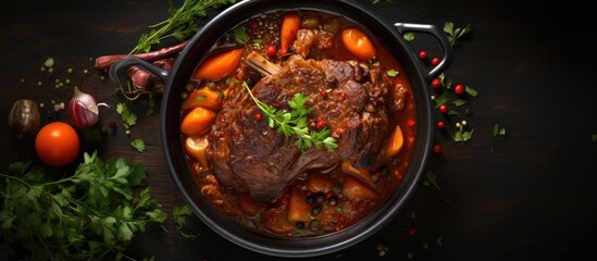 Classic slow cooked lamb shank in red wine sauce with vegetables presented from above in a stylish...