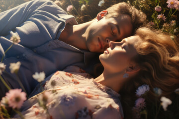 Beautiful young couple lying on meadow field - obrazy, fototapety, plakaty