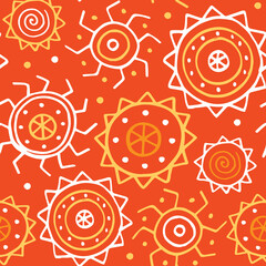 Ethnic seamless pattern. Ancient rock paintings, folk traditional primitive drawings. Bright orange ornament with sun symbols. Pattern for fabric, paper, print.