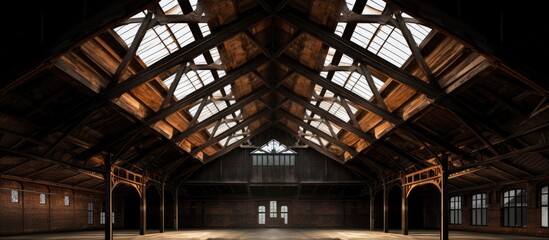 Large vintage factory hall with gable roof truss Wooden plank roofing Brick walls arcade windows and industrial interior With copyspace for text