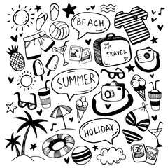 Set of simple illustrations. Hand drawn doodle. Summer icons set. Beach holiday, traveling. Bathing accessories, sun, palm, ice cream.