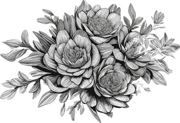 Hand drawn floral composition with Rose flower, leaves and curls isolated on white background. Monochrome illustration in vintage style. Pencil drawing romantic tattoo design, floral decoration.   - obrazy, fototapety, plakaty