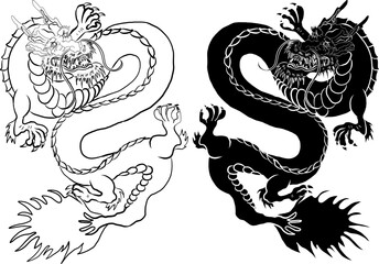 Japanese red dragon tattoo.Dragon on red background for Chinese New Year.Gold Chinese Dragon vector.Gold line art King Dragon tattoo.cartoon vector for t-shirt.